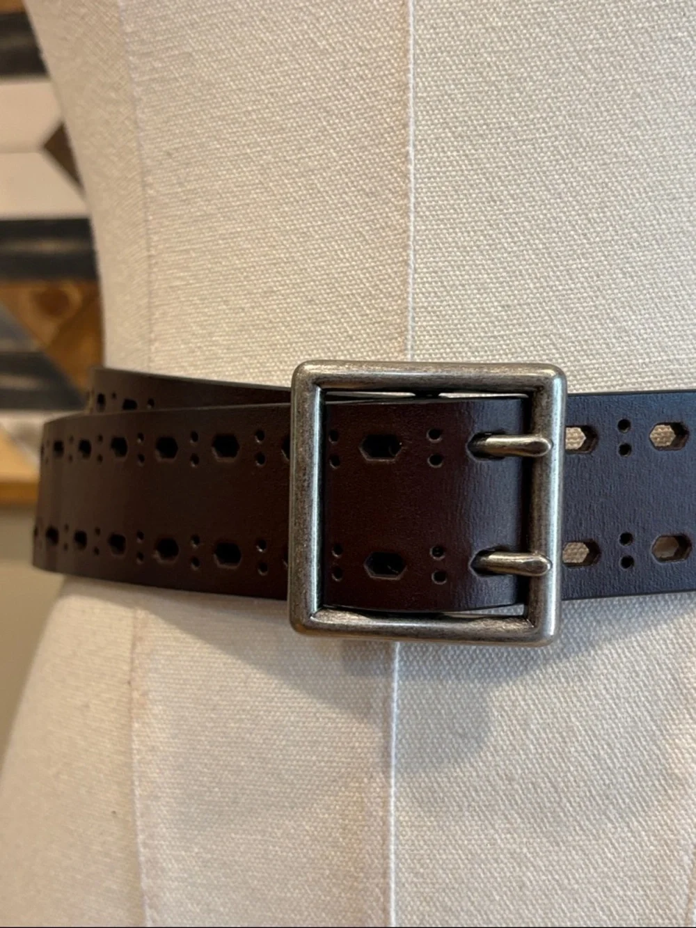 Vintage Ralph Lauren Double Prong Perforated Brown Bonded Leather Belt sz Medium